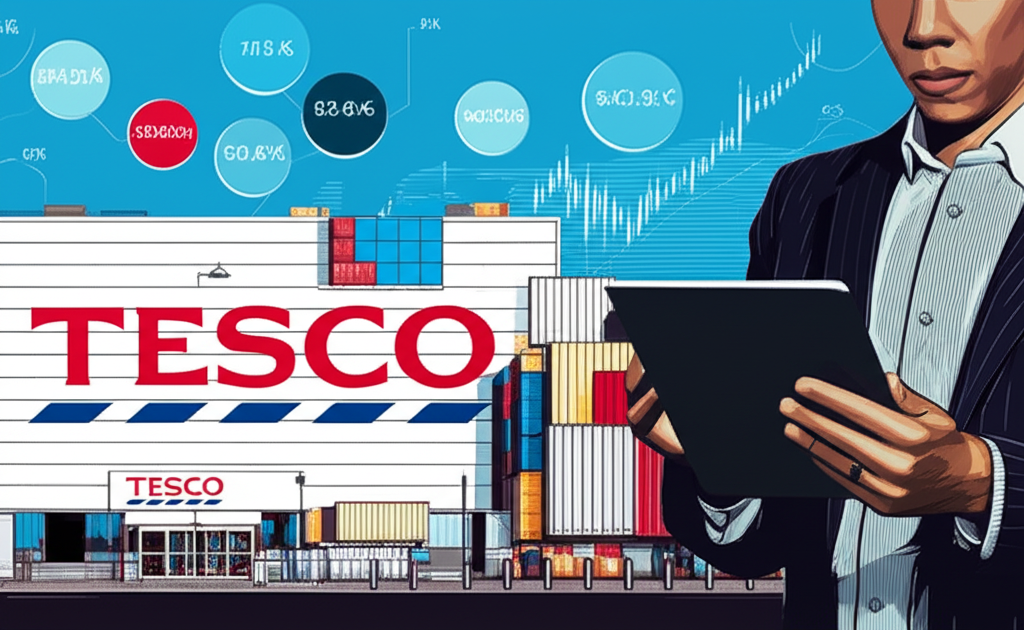 Illustration of a diverse global retail landscape with Tesco's supermarket chain prominently featured, a US investor looking at stock charts on a tablet, symbolizing international portfolio diversification
