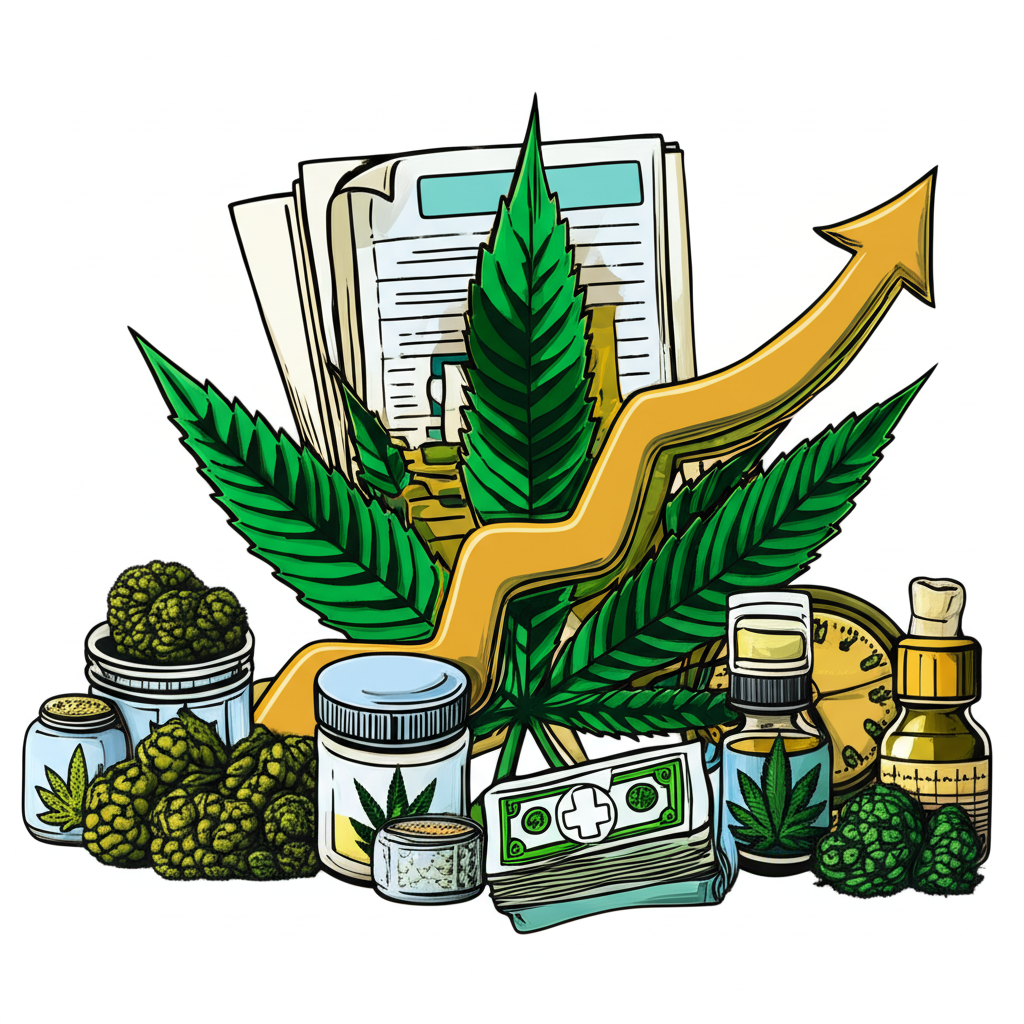 Illustration depicting a thriving cannabis market with growth charts, diverse products, legal documents, and symbols of volatility