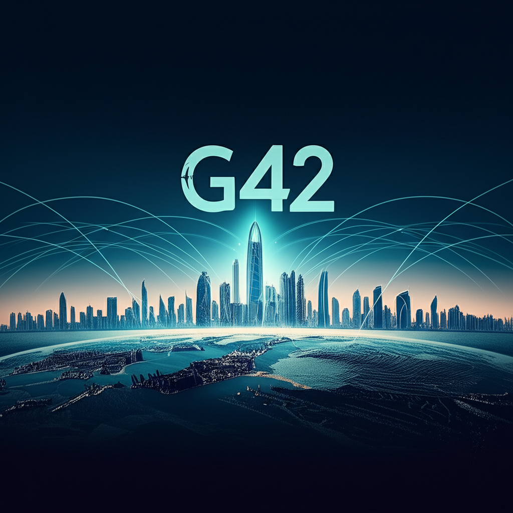 Futuristic cityscape of Abu Dhabi with G42 logo rising above, symbolizing AI leadership and economic transformation
