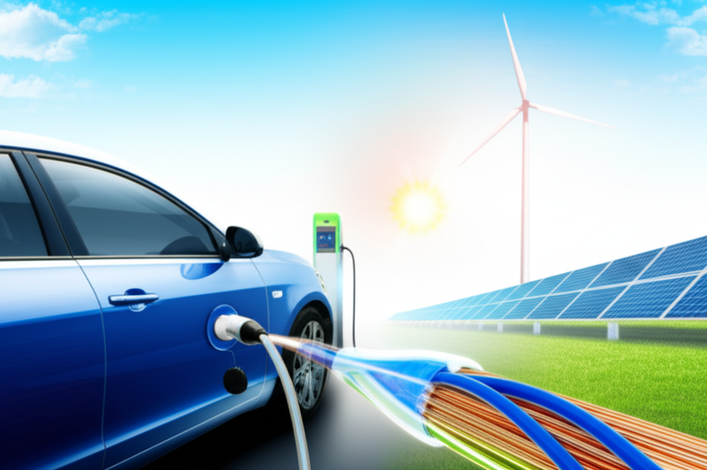 Electric vehicle charging station with visible copper wiring, solar panels, and wind turbine in a clean energy landscape