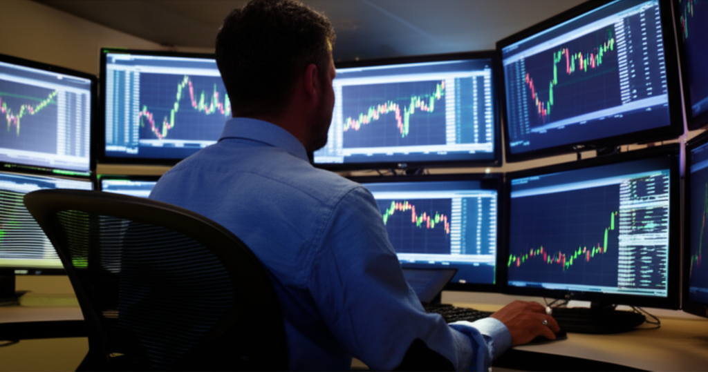 US trader analyzing forex charts on multiple screens with secure trading environment