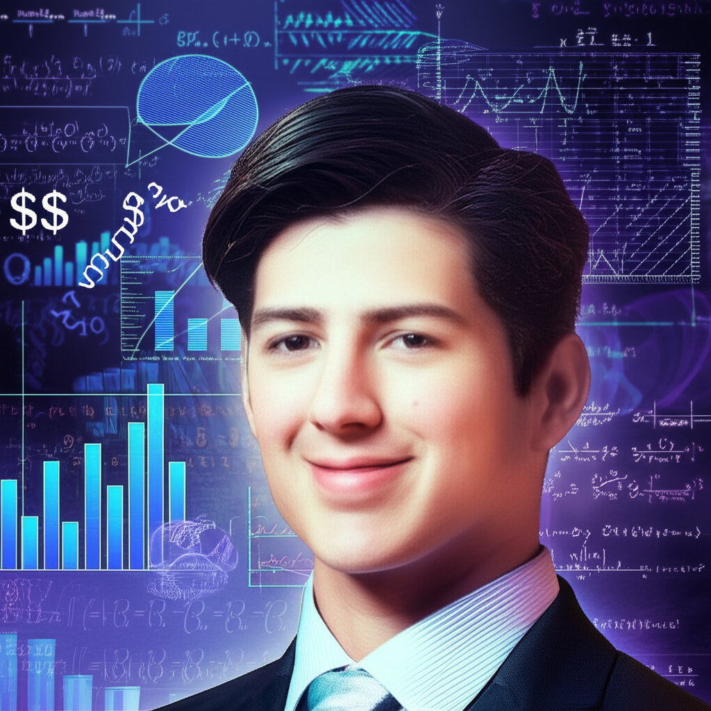 Illustration of a young Boaz Nagar surrounded by abstract symbols of finance, economics, and analytical thinking, reflecting his strong academic preparation for a career in capital markets