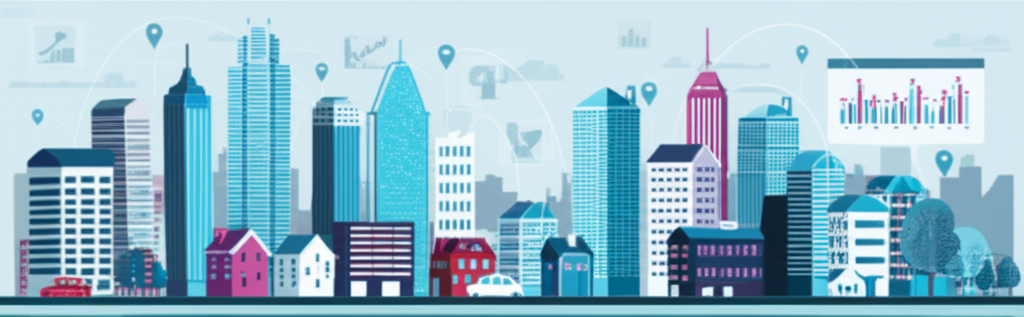 Digital city skyline with interconnected food delivery routes and growth charts, symbolizing the expanding market and investor interest in delivery stocks