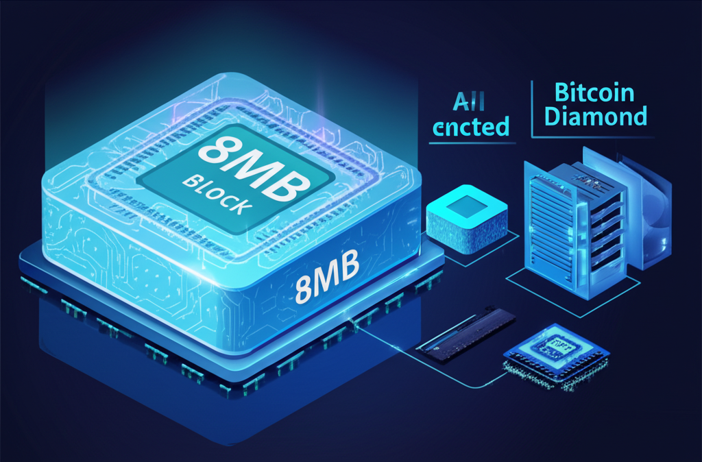 Illustration showcasing Bitcoin Diamond's unique features: large 8MB blocks, fast 2.5-minute block times, and ASIC-resistant X13 mining, emphasizing scalability and decentralized mining