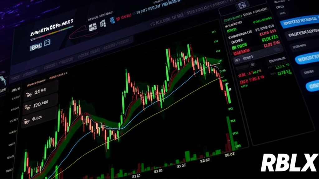 Illustration of a dynamic stock chart showing RBLX performance with fluctuating lines, surrounded by floating digital metrics like current price, trading volume, and market capitalization
