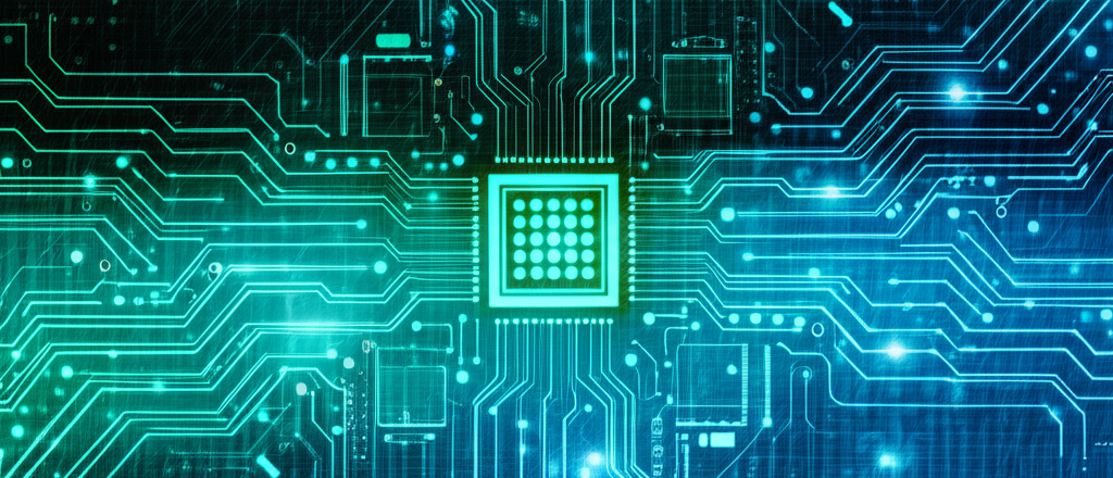 Illustration of a vibrant, interconnected digital world with glowing circuits, representing technological innovation and global economic growth, powered by tiny, intricate semiconductor chips