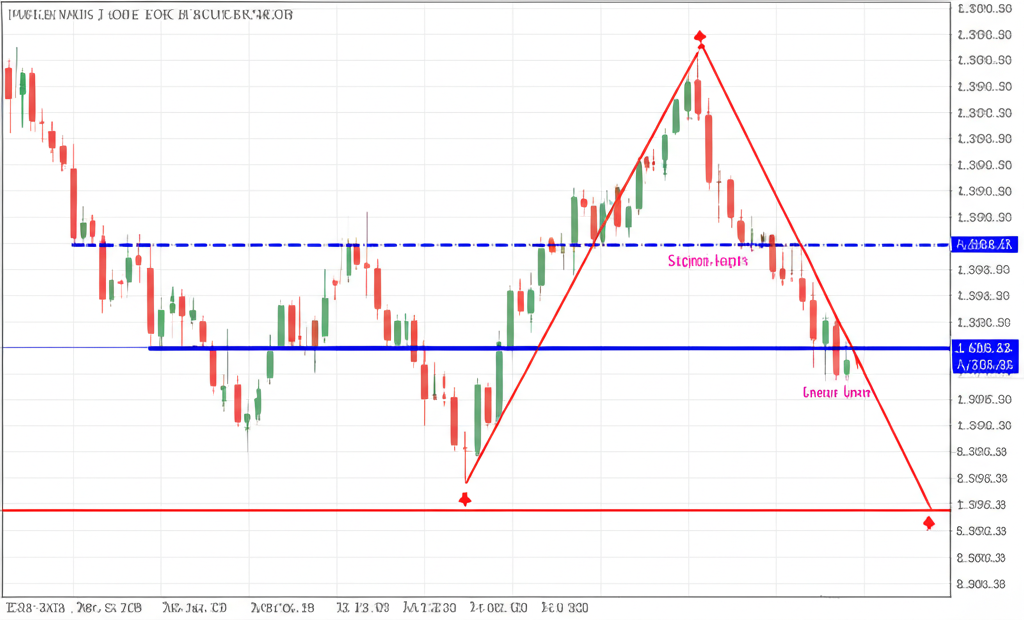 An illustration showing price action within a falling megaphone pattern with sequential lower lows and lower highs, depicting the struggle between buyers and sellers and the widening price range leading to an upward breakout.