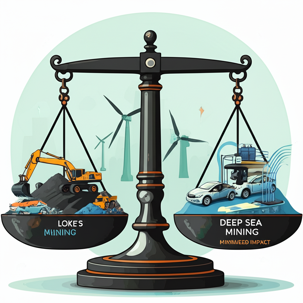 Balance scale showing land-based mining vs. deep-sea mining with Loke's technology, supplying minerals for EVs and wind turbines, highlighting green shift and reduced environmental impact