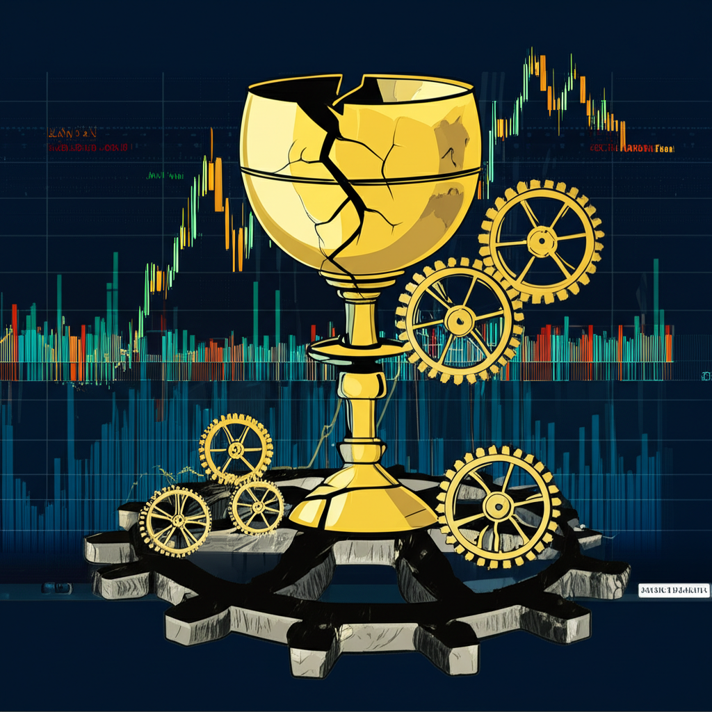 Illustration showing a broken 'holy grail' goblet amidst gears and evolving market charts, emphasizing that the 'best' forex strategy is adaptable, personalized, and incorporates risk management, not a static myth.