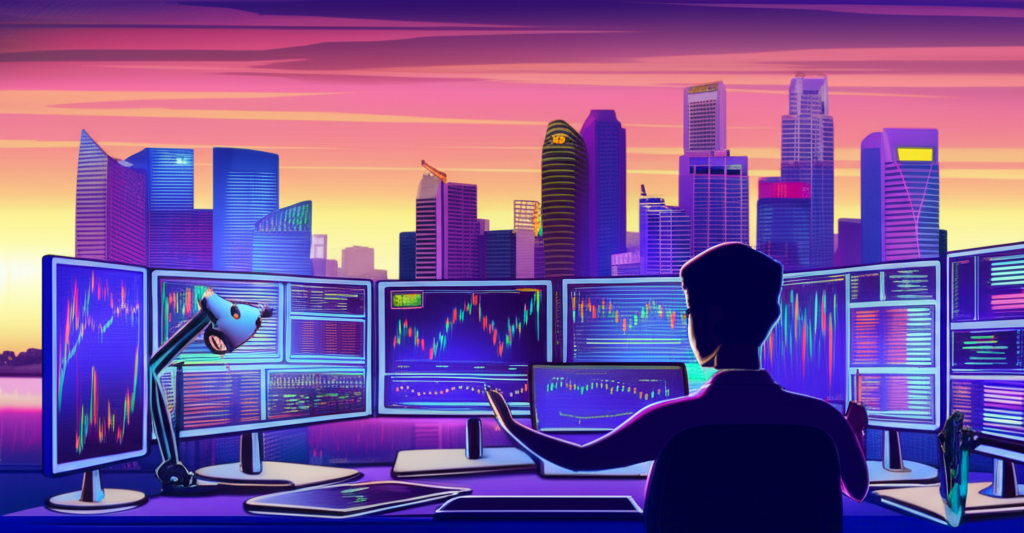 A trader monitoring multiple financial charts with the Singapore skyline in the background, symbolizing the dynamic environment for day trading
