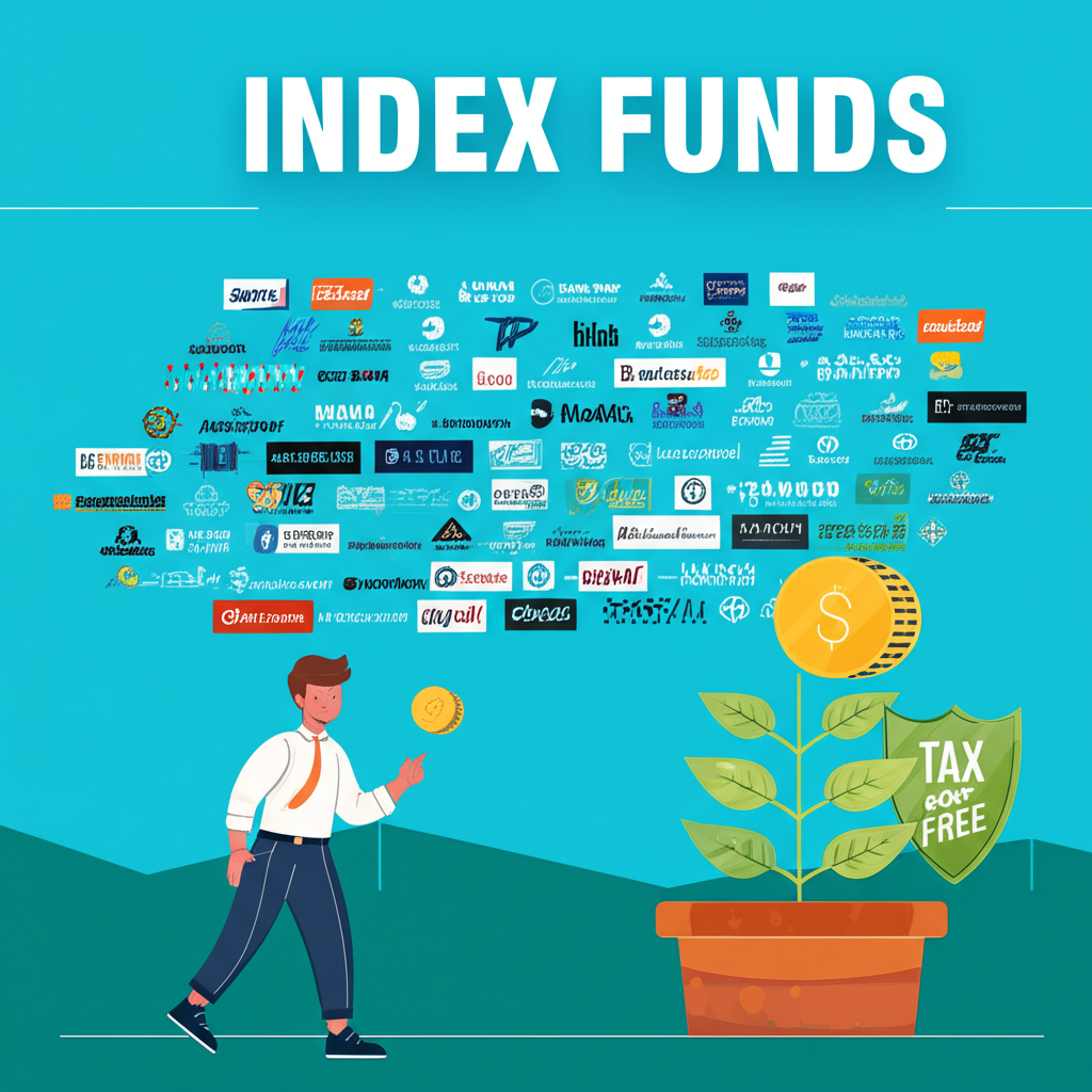 Illustration showing broad market exposure, low fees, tax efficiency, and consistent growth in a friendly, informative visual style