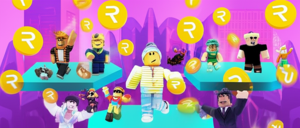 An illustration of Roblox's metaverse, showing diverse users and developers interacting in a vibrant 3D world, with Robux currency symbols floating, representing its market position and innovative business model.