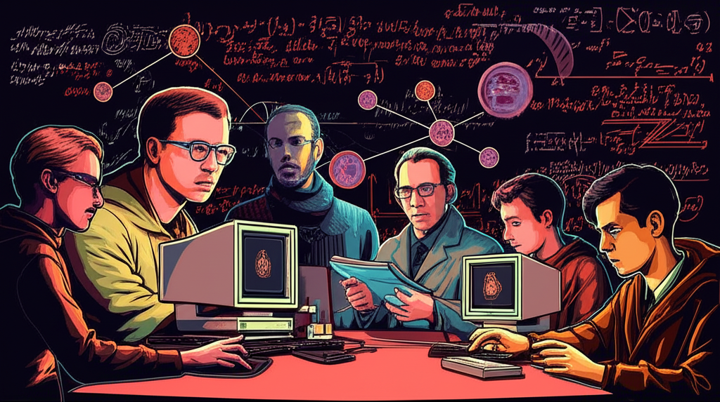 An illustration of early cryptographers and cypherpunks, surrounded by theoretical concepts like digital cash, secure transactions, and early attempts like DigiCash and Bit Gold, against a backdrop of complex equations.