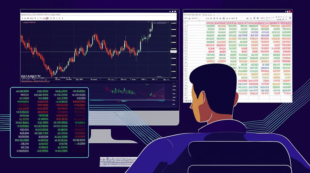 A trader analyzing MT4 charts alongside an Excel dashboard, with data flowing seamlessly between platforms for enhanced trading insights