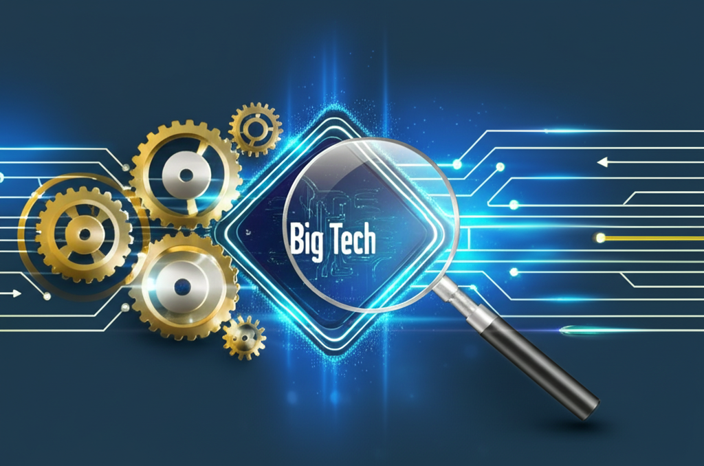 Illustration of several interconnected gears and circuits, representing market dominance, technological innovation, and rapid global growth, with a magnifying glass highlighting a 'Big Tech' entity reshaping industries and attracting vast investment, illustration style.