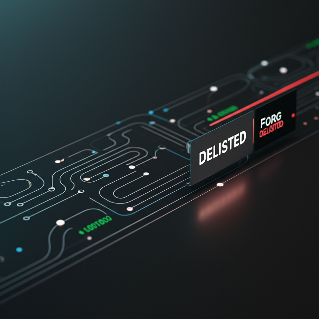 Digital identity network with FORG stock ticker marked delisted, symbolizing ForgeRock's transition from public to private