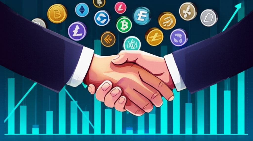 Illustration of two hands shaking over a digital screen displaying cryptocurrency price charts, representing a contract for difference (CFD) trade, with various crypto coins floating around but not being held.