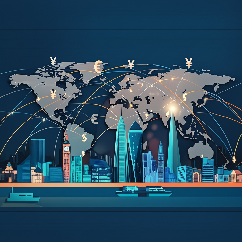 Illustration of global financial centers interconnected by flowing currency symbols representing the 24/5 Forex market