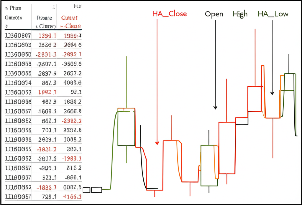Visual explanation of Heikin Ashi calculation with formulas and smoothed candle output