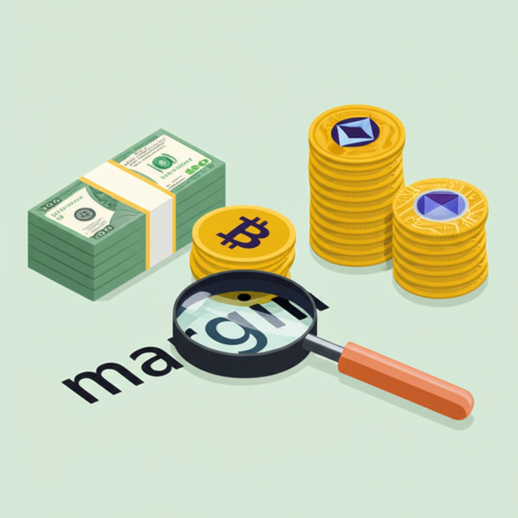 Illustration showing three distinct piles of assets: a stack of cash, highly liquid assets like digital coins, and a magnifying glass over 'margin' indicating leverage, all contributing to trading capital.