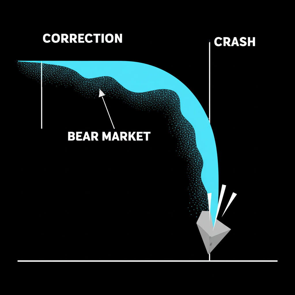 Illustration comparing three market downturns: a small dip for correction, a long decline for bear market, and a steep drop for crash, with labeled visual metaphors