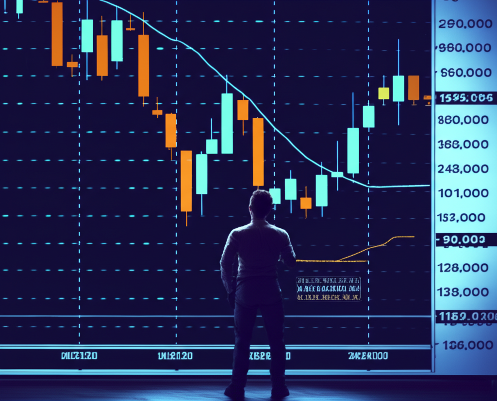 Illustration of a trader observing a financial market chart with clear upward and downward 'swings', symbolizing short-to-medium term trading strategy, capturing price movements over days to weeks, professional and dynamic