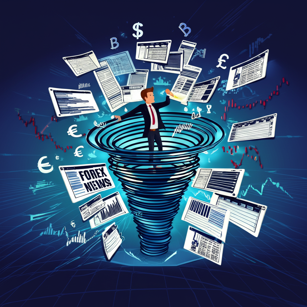 Trader navigating global news headlines, charts, and currency symbols in dynamic forex environment