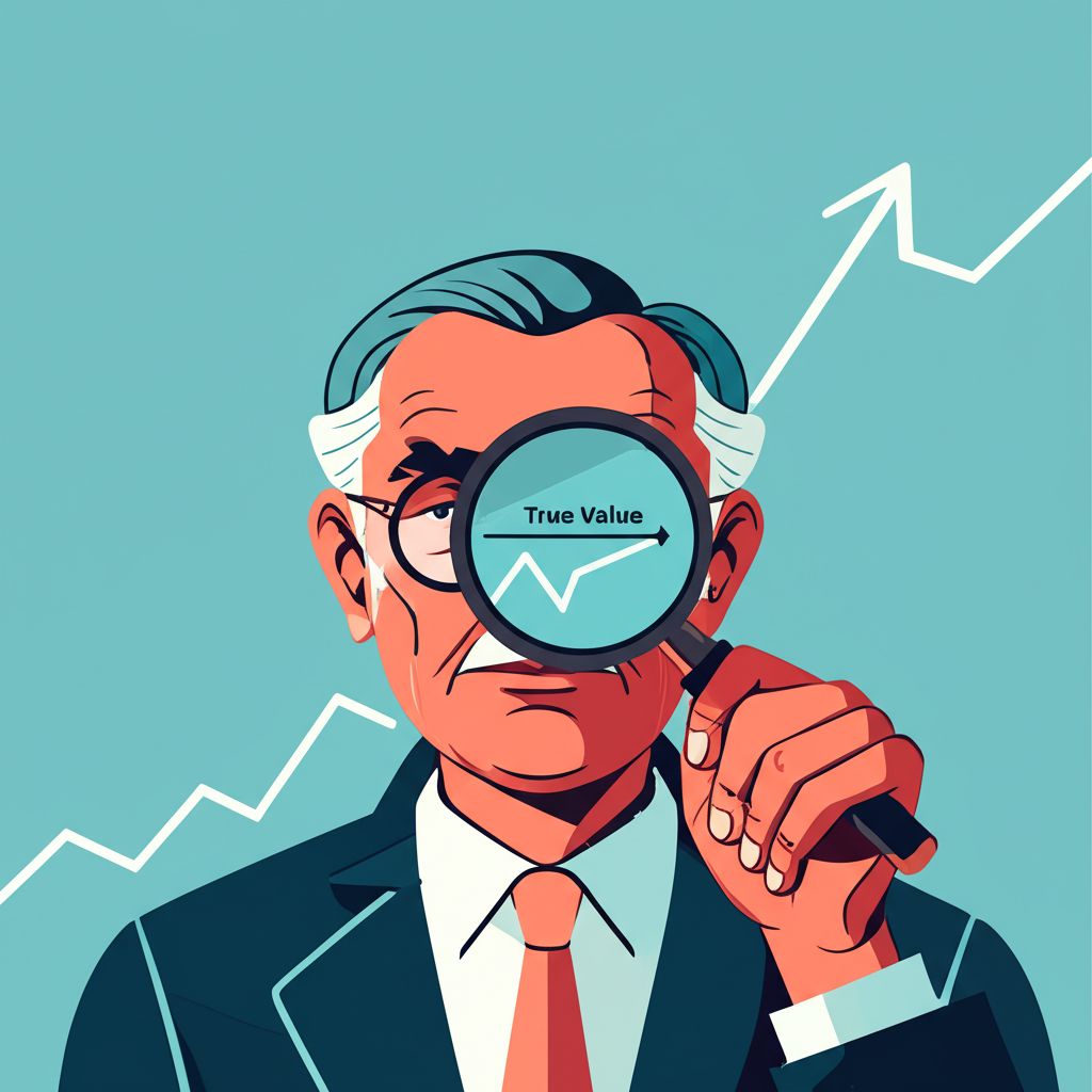 Illustration of a wise investor examining true value beneath market price fluctuations with a magnifying glass