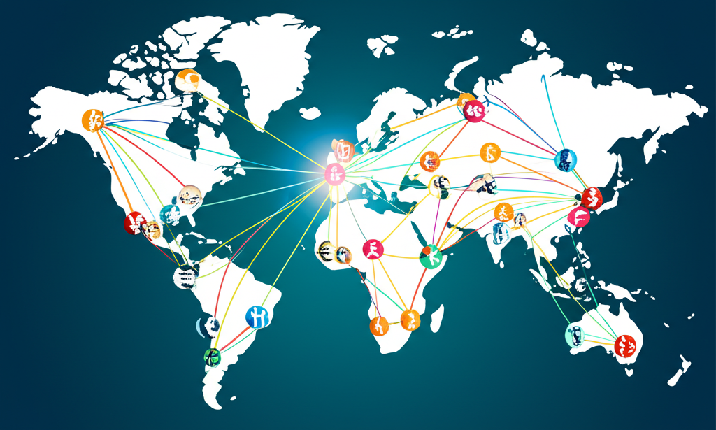 Illustration of a global financial network with currencies flowing across borders, representing forex pairs as the heart of international trade and investment