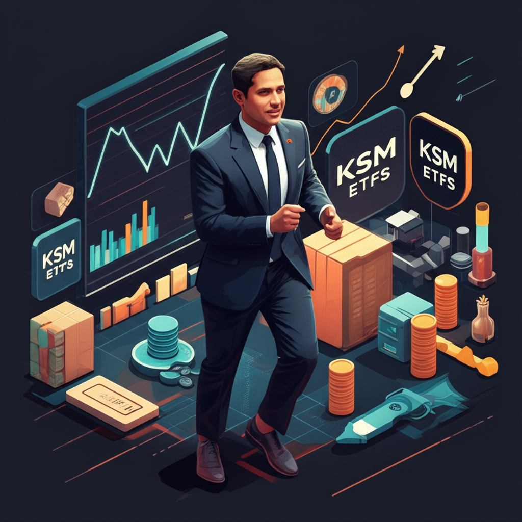 Boaz Nagar leading innovation in the ETF space with KSM ETFs branding, dynamic market charts, and diverse investment vehicles illustrating product development and market expansion