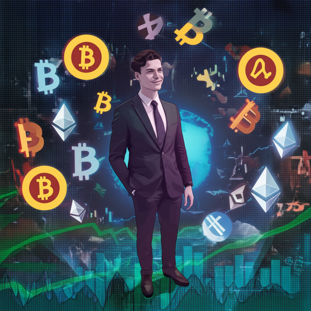 Trader navigating digital asset market with crypto symbols and CFD graphs, representing speculation without ownership