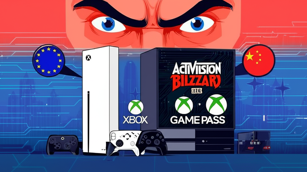 Illustration of Microsoft's $69B Activision Blizzard acquisition, a massive tech/gaming merger, with Xbox and Game Pass branding, under the intense scrutiny of global antitrust regulators from the EU and China