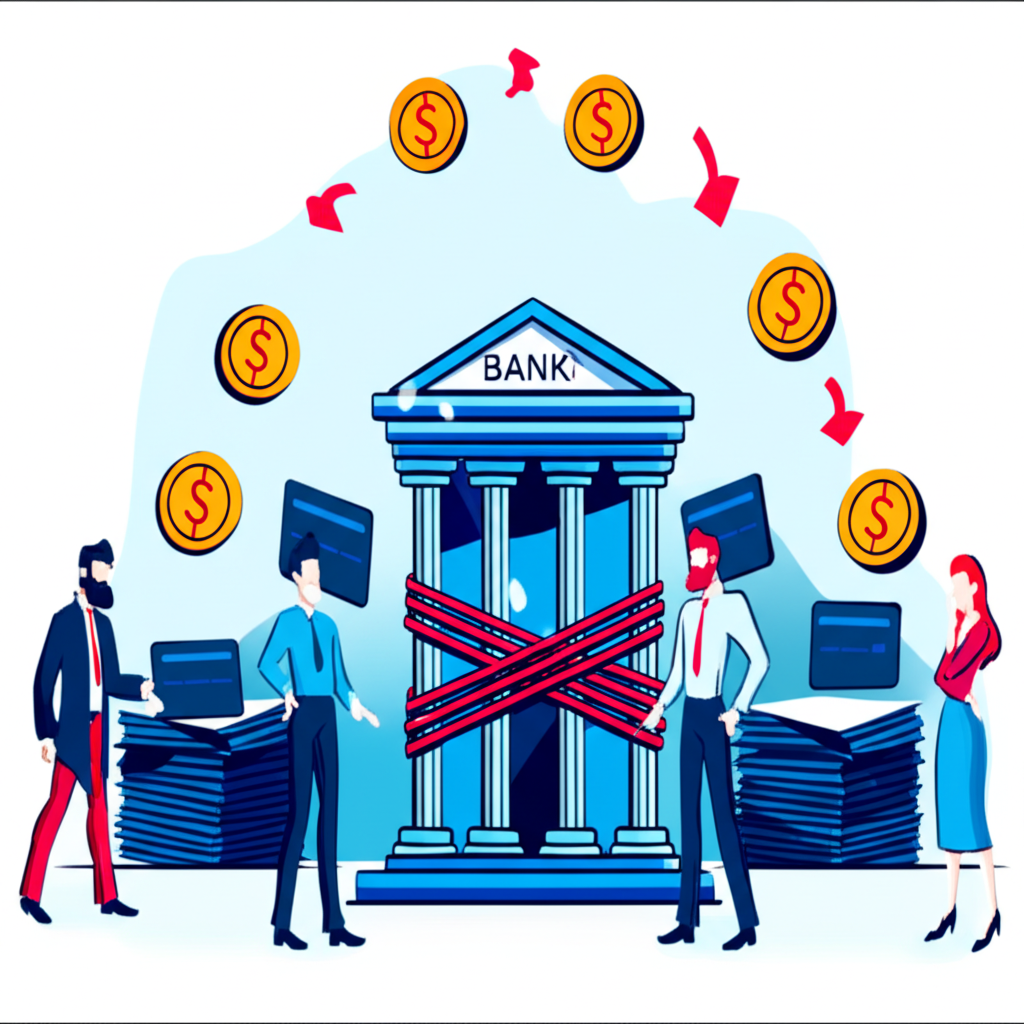 Illustration of a financial system with shrinking money flow, banks with tight ropes around loan applications, and worried people looking at empty credit lines, in a clean, modern illustration style
