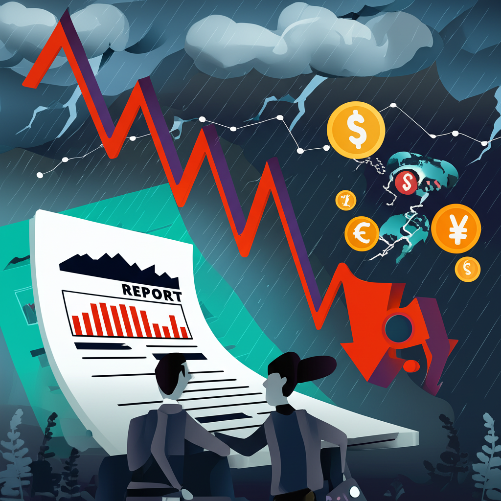 Illustration of financial reports, stormy markets, and analyst downgrades affecting SNPS stock