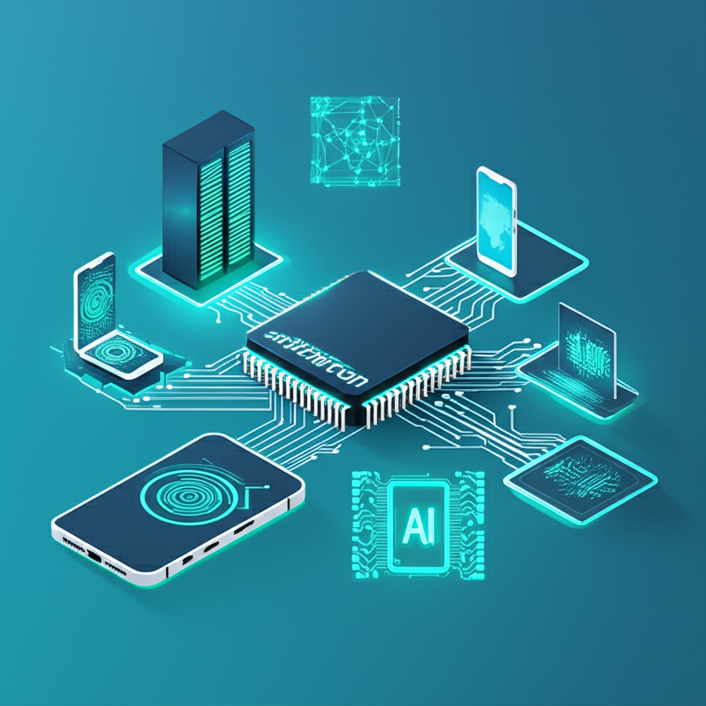Illustration of interconnected memory chips powering data centers, mobile devices, and AI systems, representing Micron Technology's global impact on technology and economic trends