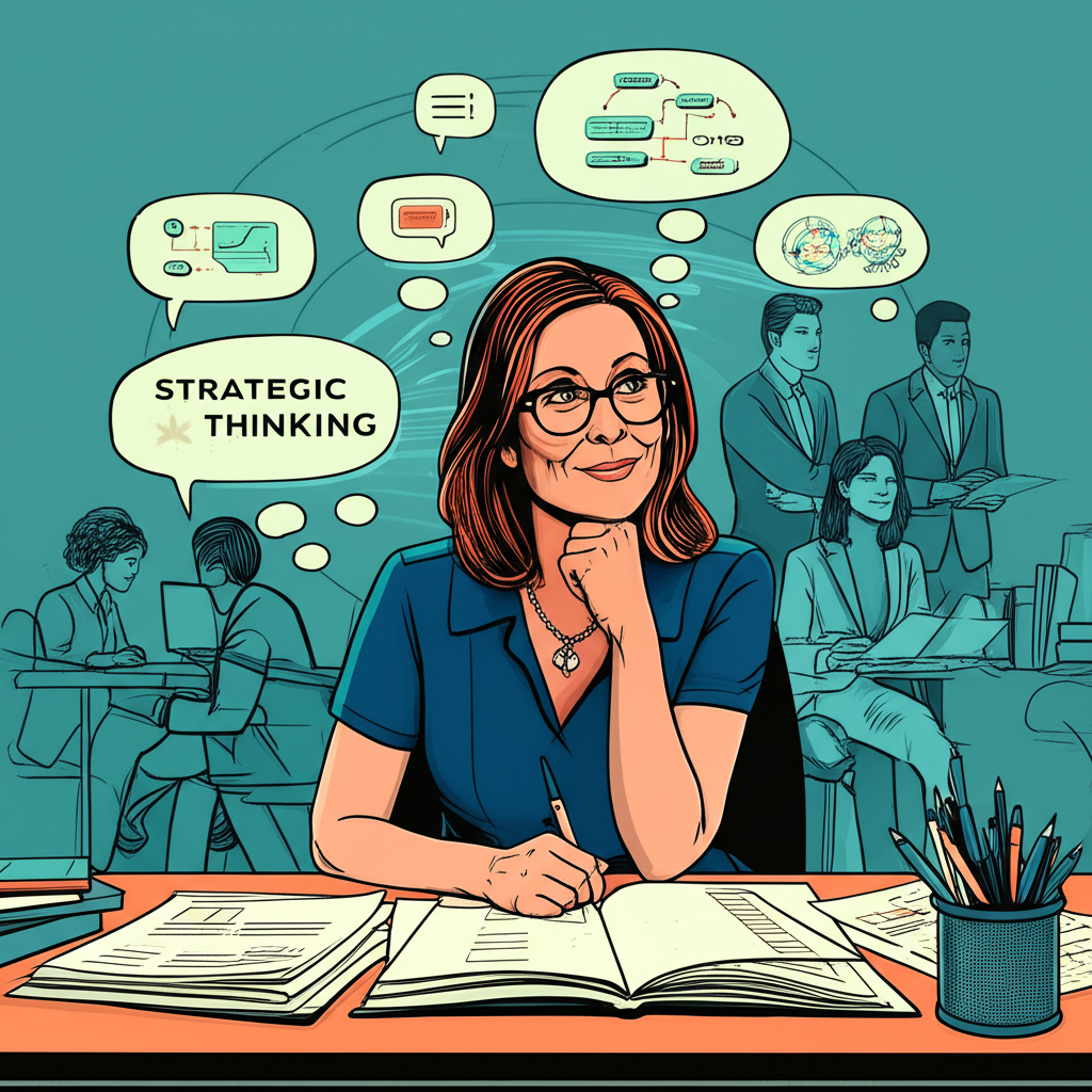 Illustration of Annie Duke, a decision scientist, at a desk with thought bubbles about strategic thinking, surrounded by clear communication channels and a team, in a professional, engaging style.