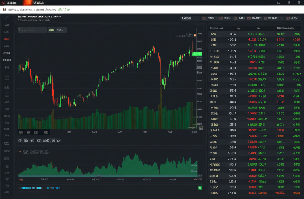 Illustration of a digital dashboard displaying real-time stock market data, with the Shanghai Composite Index chart prominently showing live movements and trading volume