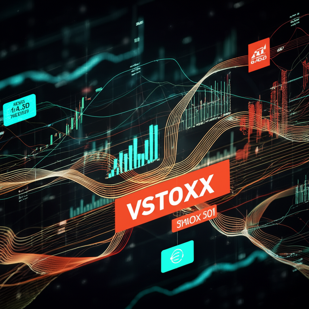Visual representation of financial data streams converging into the VSTOXX index with options and Euro Stoxx 50 elements