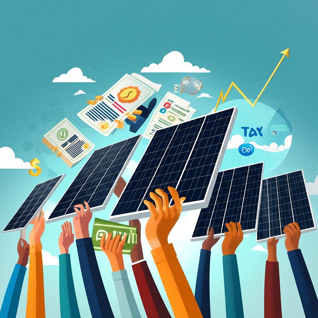 Illustration showing the economic and environmental benefits of solar investment with rising profits, ESG principles, and sustainable growth