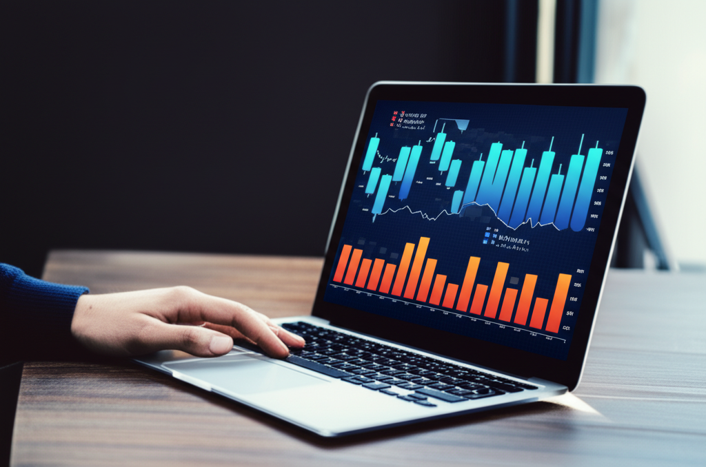 Trader on laptop analyzing forex charts with real-time data displayed