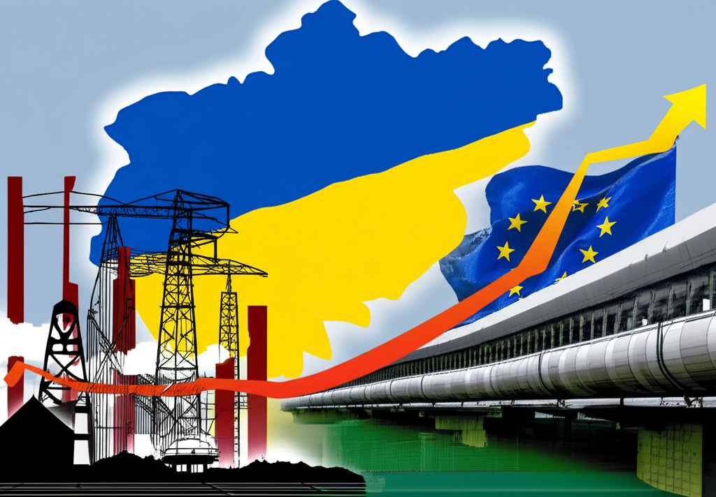 Illustration of Ukraine's economic journey from Soviet industry to modern European integration amid geopolitical shifts
