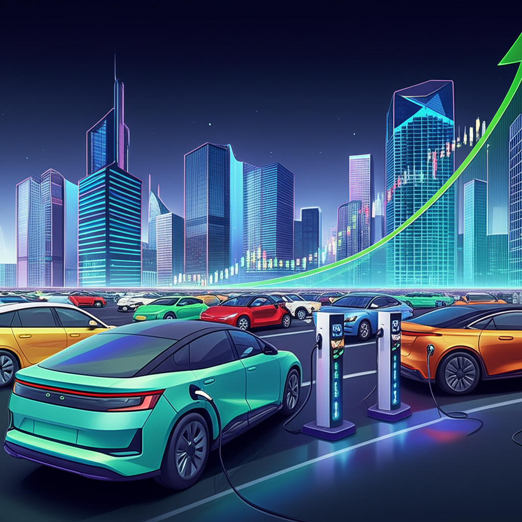 Illustration depicting a vibrant cityscape with numerous electric vehicles and charging stations, alongside an upward trending stock market graph, representing the EV battery market's growth