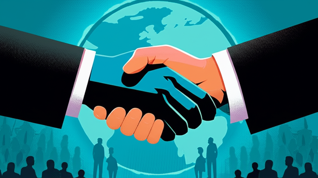 Illustration of Microsoft and Activision Blizzard shaking hands with regulators in the background, symbolizing the $69 billion acquisition closure on October 13, 2023