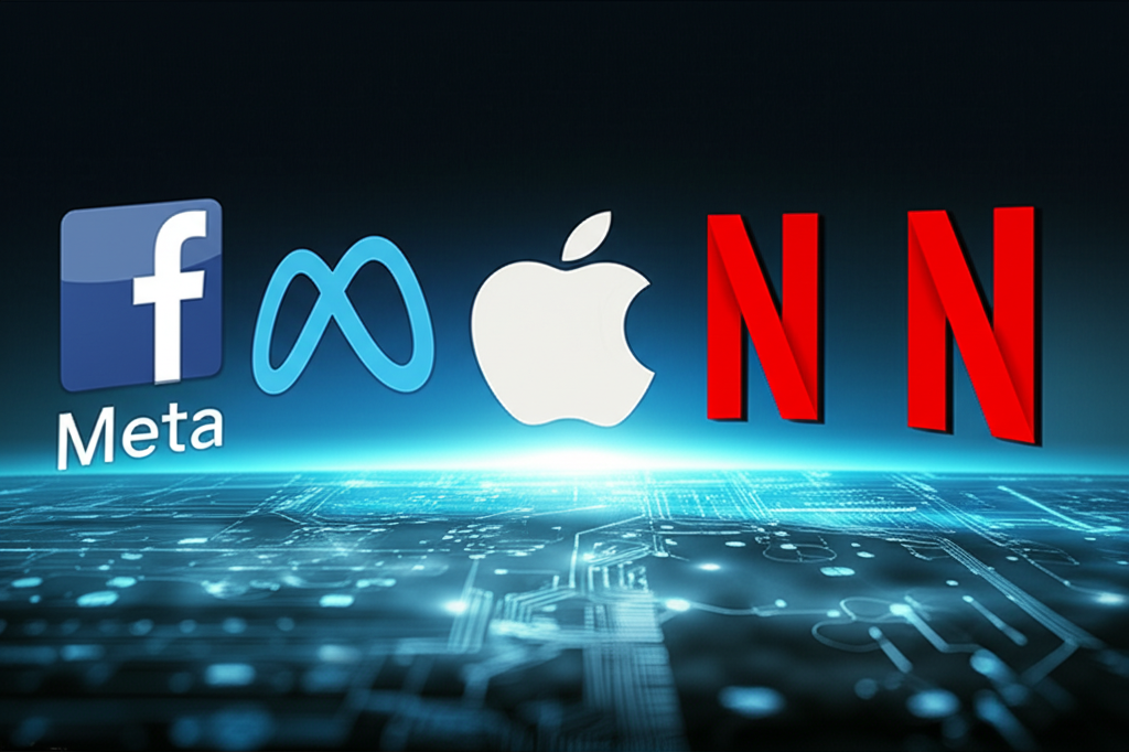 Illustration of five distinct tech company logos (Facebook/Meta, Apple, Amazon, Netflix, Google/Alphabet) forming a powerful, glowing acronym 'FAANG' on a digital landscape, symbolizing market dominance and innovation, with Netflix's logo prominently disrupting traditional entertainment symbols.