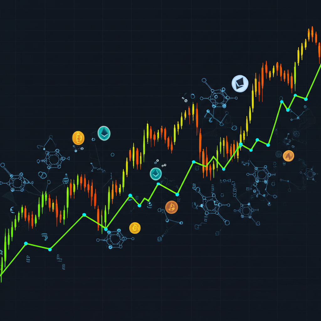 Stock market chart merging with digital assets and blockchain symbols, illustrating the concept of NFT stocks as a bridge between traditional finance and the digital asset revolution
