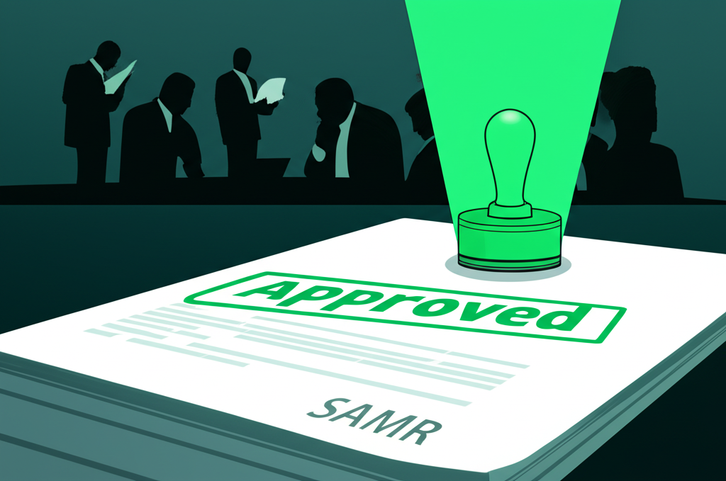 Illustration depicting a swift green light from China's SAMR, symbolized by a large 'Approved' stamp on a document, while other global regulators are still deliberating in the background, highlighting China's pivotal unconditional approval