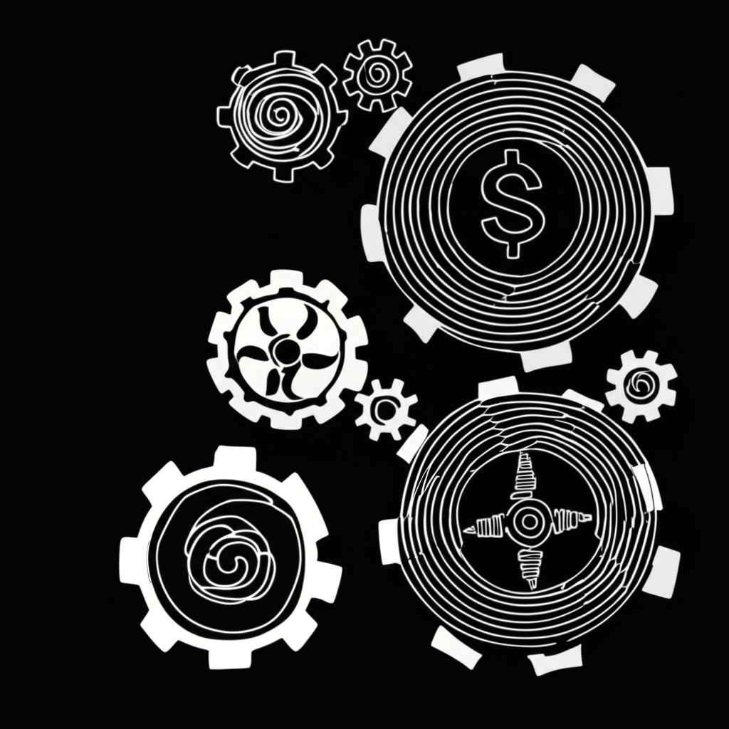Illustration depicting gears and cogs turning, representing the underlying mechanisms of currency short selling. Various financial instruments subtly integrated into the design, illustration style.