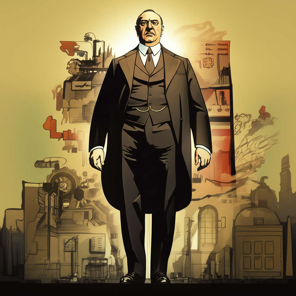 Illustration of J.P. Morgan as a powerful figure symbolizing his influence on finance and industry