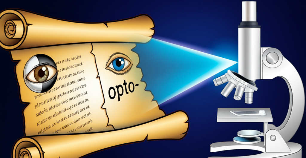 Illustration showing the etymology of 'opto-' with Greek scrolls merging into modern scientific symbols like an eye, light beams, and a microscope