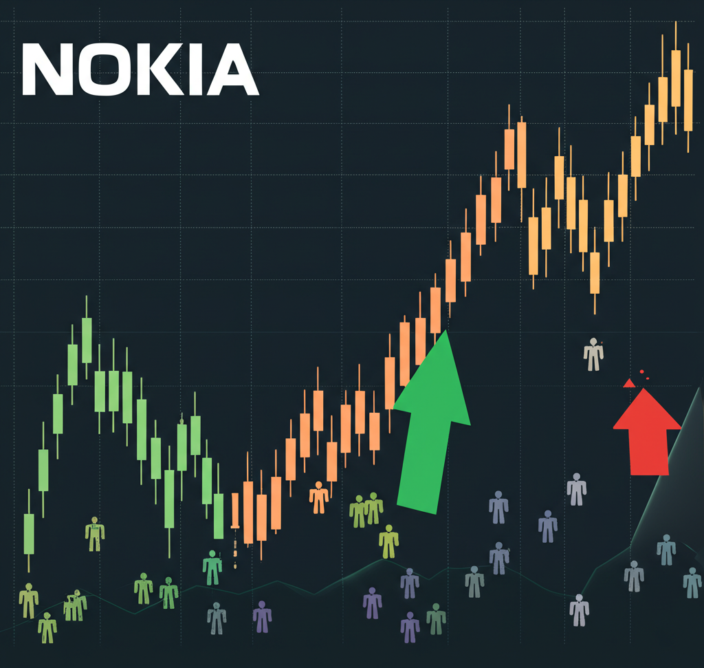 Digital stock trading interface showing Nokia NOK price fluctuations with high volume and investor activity